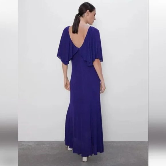 Zara Womens Dress Size Small Purple Metallic Maxi Long Flutter Sleeves - Picture 4 of 7